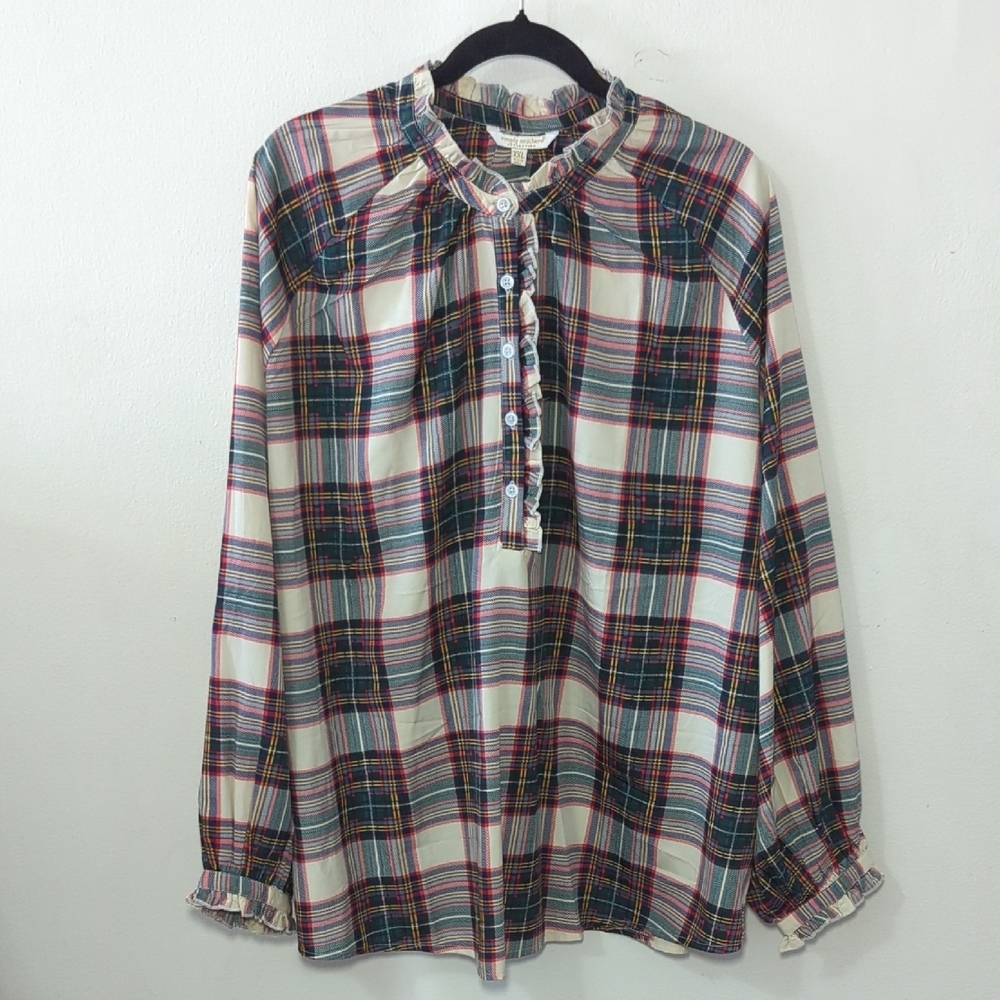 Simply Southern Plaid Long-sleeve Ruffle Collar Popover Red White Green Size XXL